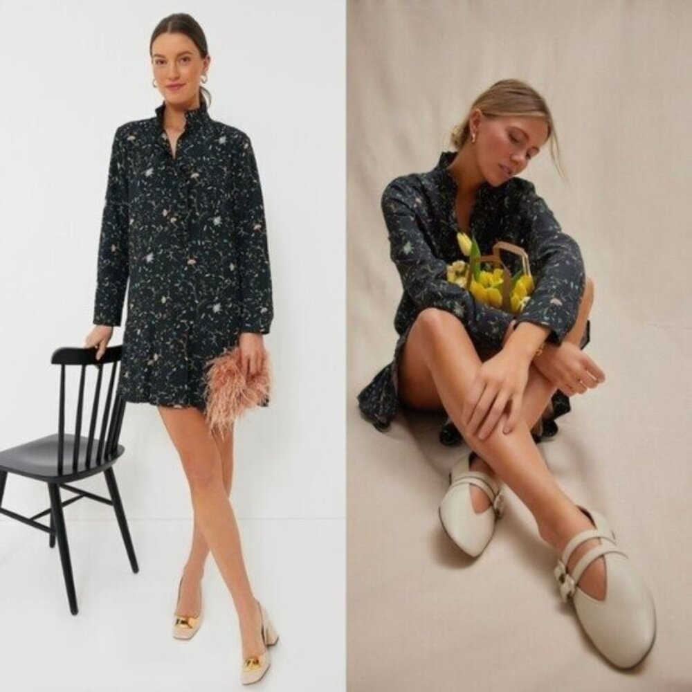 Floral Long-Sleeve Shirt Dress in Dark Green